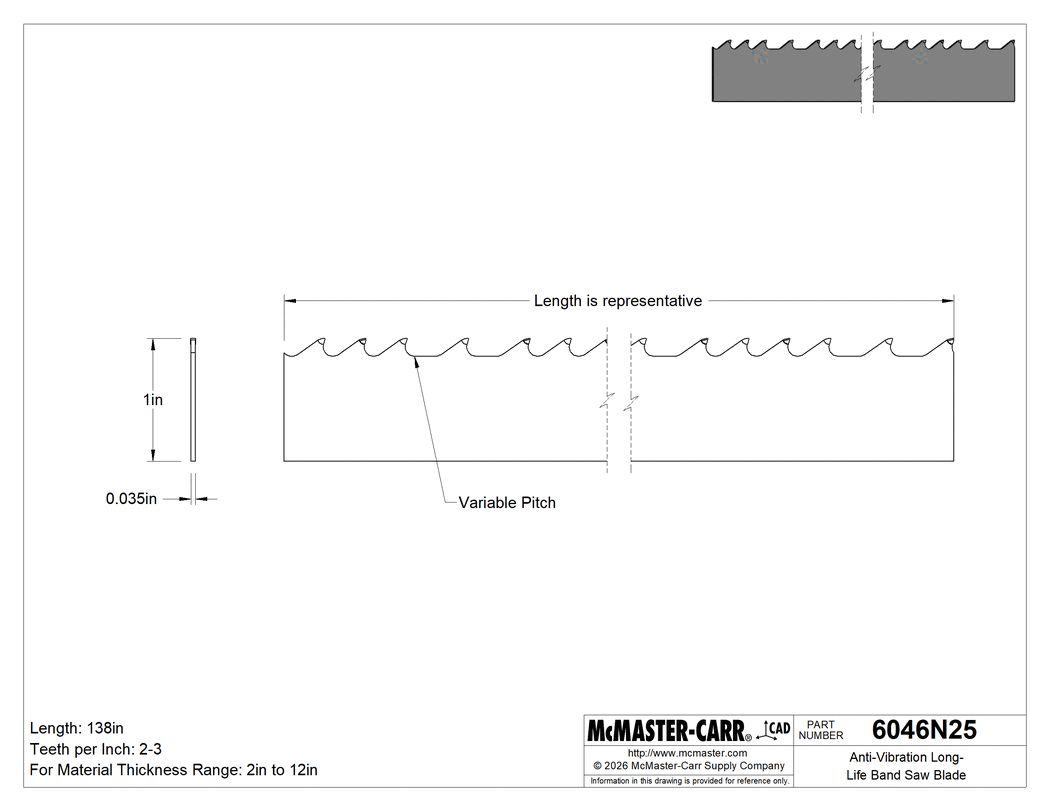 Technical Drawing of Vibration-Damping Long-Life Band Saw Blade, for Stainless Steel, Nickel and Titanium, 1" Wide, 138" Long, 2-3 Teeth/Inch.